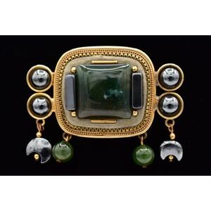 Michal Golan Vintage Art Deco Brooch Pin Green Cabochon Dangle Signed 90s BinBK